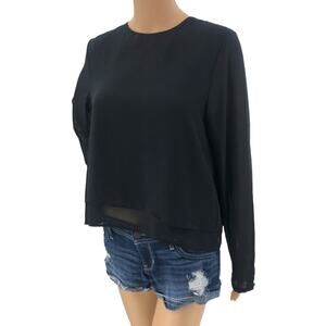 Haute Monde (L) Black Layered Sheer Peasant Blouse Top Crew Neck Long Sleeve